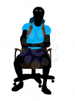 Royalty Free Clipart Image of a Man Wearing a Backpack Sitting on a Chair