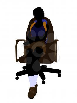 Royalty Free Clipart Image of a Woman Wearing a Backpack Sitting in a Chair