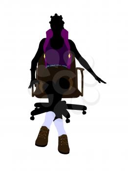 Royalty Free Clipart Image of a Woman Wearing a Backpack Sitting on a Chair