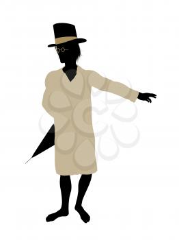 Royalty Free Clipart Image of a Boy in a Nightshirt Wearing a Top Hat and Umbrella