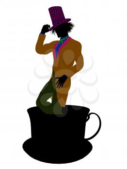 Royalty Free Clipart Image of a Man in a Hat Standing in a Teacup