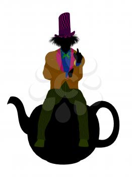 Royalty Free Clipart Image of a Man Wearing a Hat Sitting on a Teapot