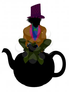 Royalty Free Clipart Image of a Man Wearing a Hat Sitting on a Teapot