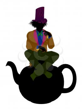 Royalty Free Clipart Image of a Man Wearing a Hat Sitting on a Teapot