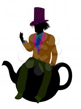 Royalty Free Clipart Image of a Man Wearing a Hat Sitting on a Teapot