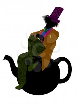 Royalty Free Clipart Image of a Man Wearing a Hat Sitting on a Teapot