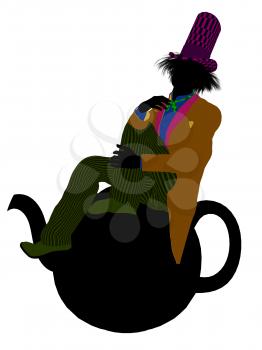 Royalty Free Clipart Image of a Man Wearing a Hat Sitting on a Teapot