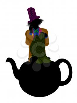 Royalty Free Clipart Image of a Man Wearing a Hat Sitting on a Teapot