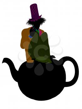 Royalty Free Clipart Image of a Man Wearing a Hat Sitting on a Teapot