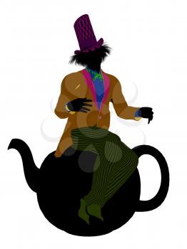 Royalty Free Clipart Image of a Man Wearing a Hat Sitting on a Teapot