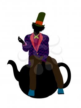 Royalty Free Clipart Image of a Man in a Hat on a Teapot