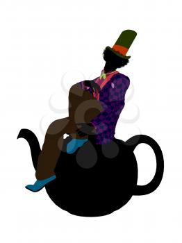 Royalty Free Clipart Image of a Man in a Hat on a Teapot