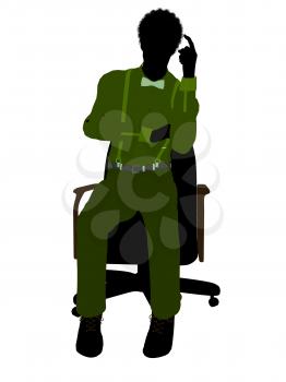 Royalty Free Clipart Image of a Man in a Green Shirt Sitting on a Chair