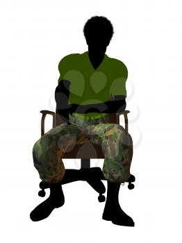 African ameircan soldier sitting on an office chair silhouette on a white background