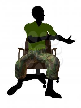 African ameircan soldier sitting on an office chair silhouette on a white background