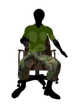 African ameircan soldier sitting on an office chair silhouette on a white background