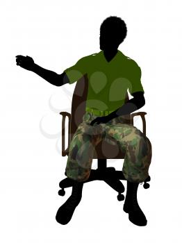 African ameircan soldier sitting on an office chair silhouette on a white background