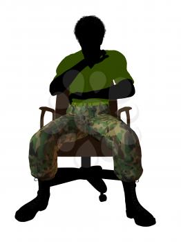 African ameircan soldier sitting on an office chair silhouette on a white background