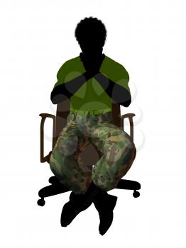 African ameircan soldier sitting on an office chair silhouette on a white background