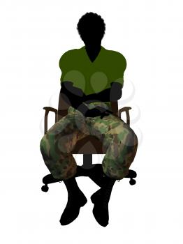 African ameircan soldier sitting on an office chair silhouette on a white background