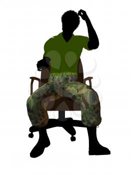 African ameircan soldier sitting on an office chair silhouette on a white background