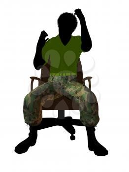 African ameircan soldier sitting on an office chair silhouette on a white background