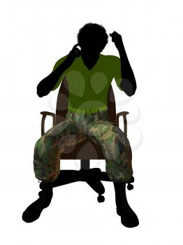 African ameircan soldier sitting on an office chair silhouette on a white background