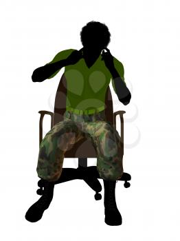 African ameircan soldier sitting on an office chair silhouette on a white background