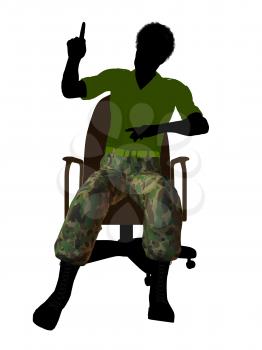 African ameircan soldier sitting on an office chair silhouette on a white background