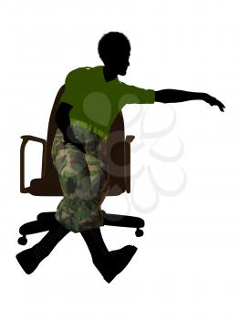 African ameircan soldier sitting on an office chair silhouette on a white background