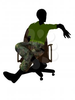 African ameircan soldier sitting on an office chair silhouette on a white background