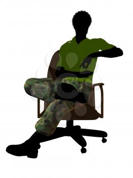 African ameircan soldier sitting on an office chair silhouette on a white background