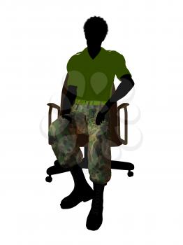 African ameircan soldier sitting on an office chair silhouette on a white background