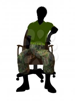 African ameircan soldier sitting on an office chair silhouette on a white background