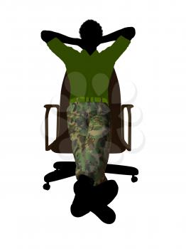 African ameircan soldier sitting on an office chair silhouette on a white background