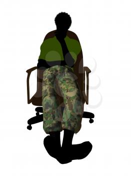 African ameircan soldier sitting on an office chair silhouette on a white background