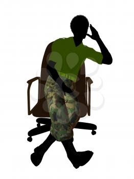 African ameircan soldier sitting on an office chair silhouette on a white background