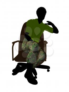 African ameircan soldier sitting on an office chair silhouette on a white background