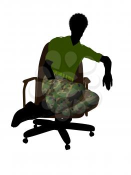 African ameircan soldier sitting on an office chair silhouette on a white background