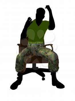 Royalty Free Clipart Image of a Man in Camouflage Pants Sitting in a Chair