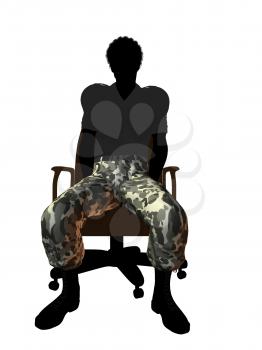 Royalty Free Clipart Image of a Man in Camouflage Pants Sitting in a Chair