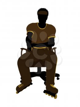 Royalty Free Clipart Image of a Man Wearing Roller Skates Sitting in a Chair