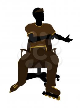 Royalty Free Clipart Image of a Man Wearing Roller Skates Sitting in a Chair