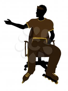 Royalty Free Clipart Image of a Man Wearing Roller Skates Sitting in a Chair