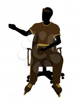 Royalty Free Clipart Image of a Man Wearing Roller Skates Sitting in a Chair