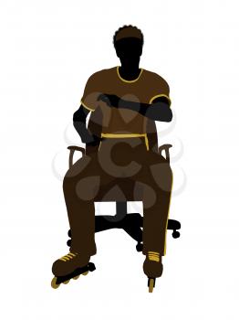 Royalty Free Clipart Image of a Man Wearing Roller Skates Sitting in a Chair