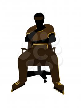 Royalty Free Clipart Image of a Man Wearing Roller Skates Sitting in a Chair