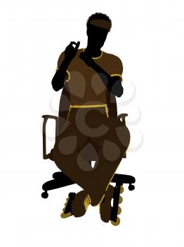 Royalty Free Clipart Image of a Man Wearing Roller Skates Sitting in a Chair