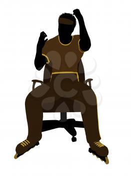 Royalty Free Clipart Image of a Man Wearing Roller Skates Sitting in a Chair