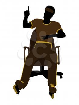 Royalty Free Clipart Image of a Man Wearing Roller Skates Sitting in a Chair